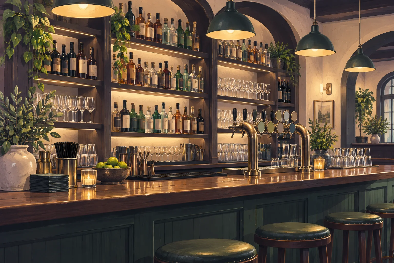 Illustration of an organised pub bar with bottles, taps and glassware, ready for service