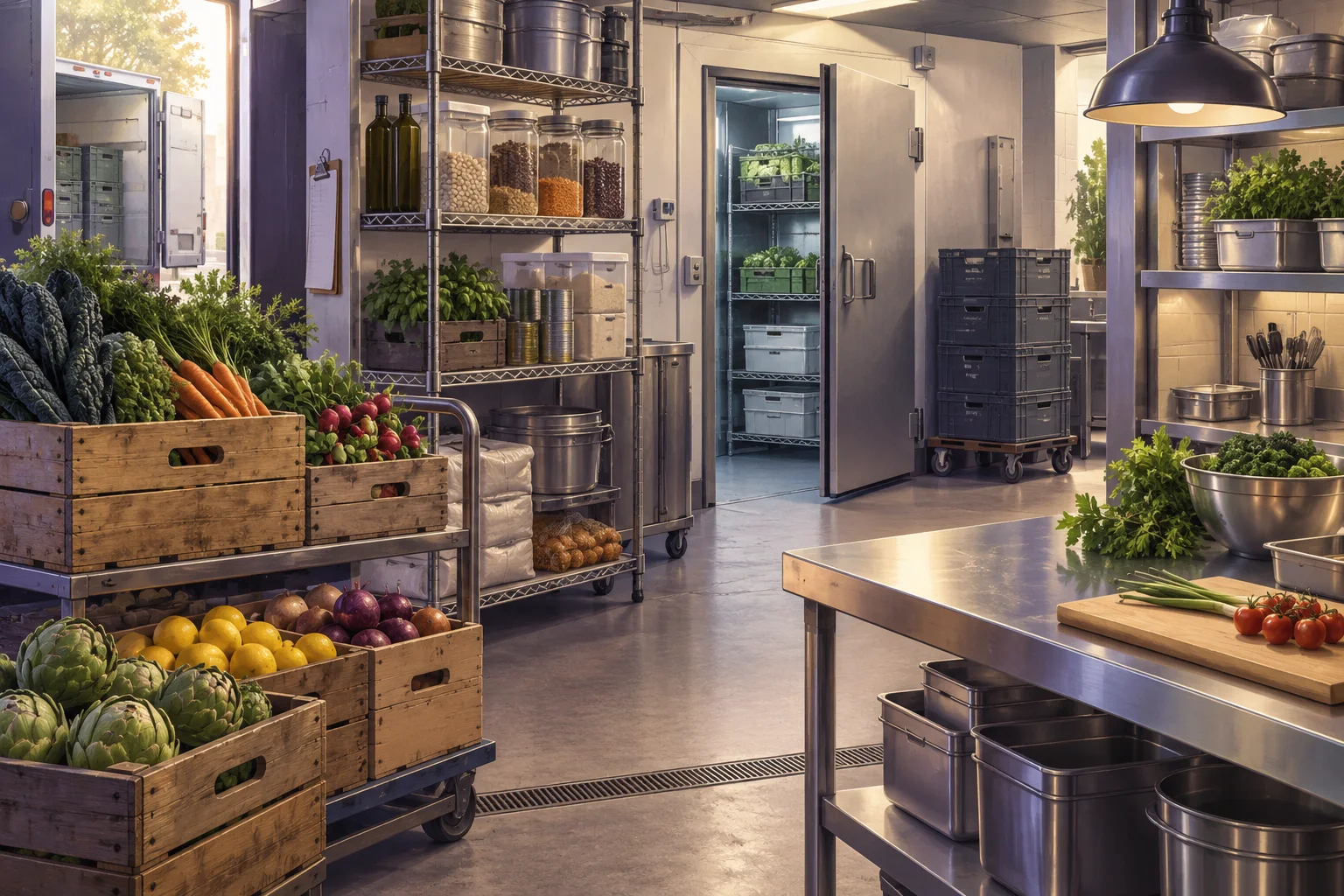 Illustration of a restaurant kitchen receiving area with produce, ingredients and delivery cases