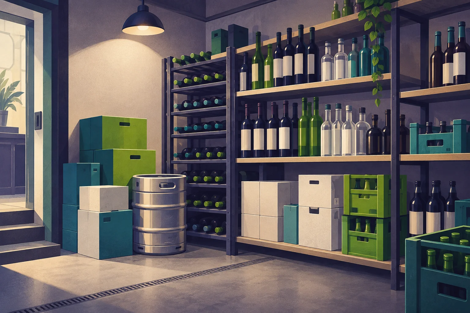 Illustration of a hospitality stockroom with organised bottles, cases and a keg